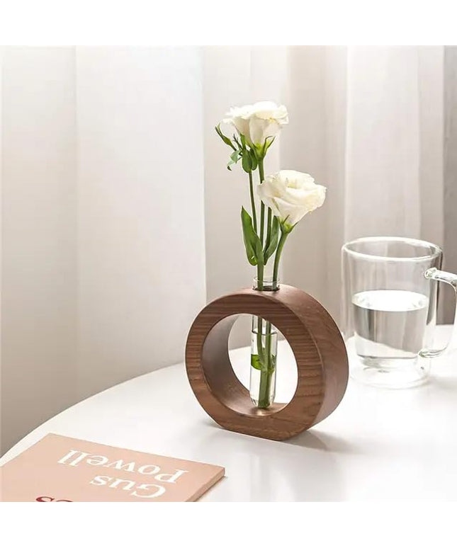 Wooden 1 Glass Test Tube Home Decor Planter Modern Flower Vase with Wood Stand Plant Propagation (17x12.5) cm