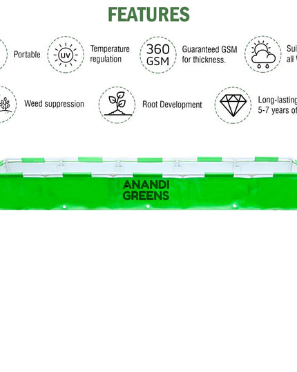 Anandi Green's HDPE UV Protected 360 GSM Green Color Rectangular Plants Grow Bags Suitable for VegetableTerrace Gardening with PVC Pipe Support (8Lx3Wx1H Fit) Pack of 1