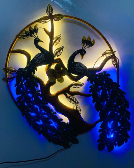 HANSART Double Peacock Nature Metal Wall Art with Led Light, Wall Decor for Living Room, Bedroom, Hall (29 x 38 Inches)