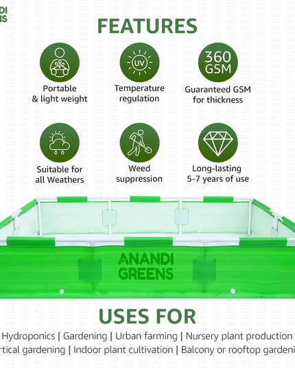 Anandi Green's HDPE UV Protected 360 GSM Green Color Rectangular Plants Grow Bags Suitable for VegetableTerrace Gardening with PVC Pipe Support (8Lx3Wx1H Fit) Pack of 1