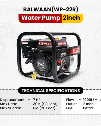 Balwaan Krishi WP-22R Water Pump 2 Inch Outlet | 7 HP Powerful Petrol Engine 4 Stroke | For Irrigation, Water Supply, Sewage Movement and Draining Agriculture Farming | Get 1-litre Engine Oil