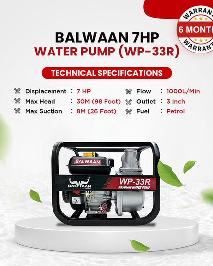 Balwaan Krishi WP-22R Water Pump 2 Inch Outlet | 7 HP Powerful Petrol Engine 4 Stroke | For Irrigation, Water Supply, Sewage Movement and Draining Agriculture Farming | Get 1-litre Engine Oil