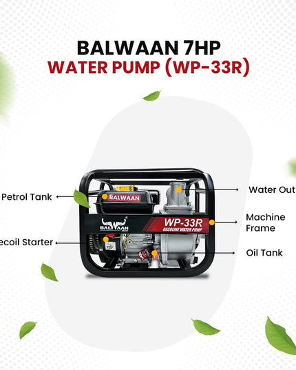 Balwaan Krishi WP-22R Water Pump 2 Inch Outlet | 7 HP Powerful Petrol Engine 4 Stroke | For Irrigation, Water Supply, Sewage Movement and Draining Agriculture Farming | Get 1-litre Engine Oil