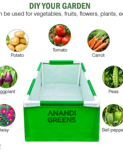 Anandi Green's HDPE UV Protected 360 GSM Green Color Rectangular Plants Grow Bags Suitable for VegetableTerrace Gardening with PVC Pipe Support (8Lx3Wx1H Fit) Pack of 1