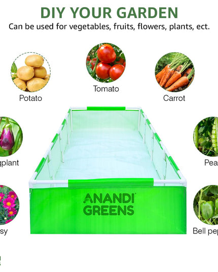 Anandi Green's HDPE UV Protected 360 GSM Green Color Rectangular Plants Grow Bags Suitable for VegetableTerrace Gardening with PVC Pipe Support (8Lx3Wx1H Fit) Pack of 1