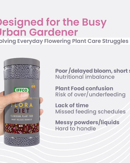 IFFCO Urban Gardens - Flora Diet - 1 Kg - Plant Food For Flower Boost in Plants - Balanced Macro Micro Nutrients & Growth Hormones for Rose, Jasmine etc - Slow Release Granules