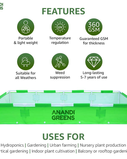 Anandi Green's HDPE UV Protected 360 GSM Green Color Rectangular Plants Grow Bags Suitable for VegetableTerrace Gardening with PVC Pipe Support (8Lx3Wx1H Fit) Pack of 1