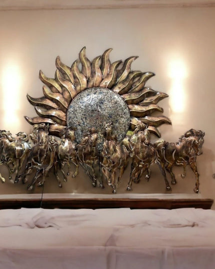 HANSART Special 7 Horses with Sun Metal Wall Art with Led Light, Wall Decor for Living Room, Bedroom, Hall (55 x 33 Inches)