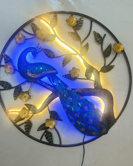 HANSART Special Peacock In Circular Ring Metal Wall Art with LED, Nature Wall Decor (36 x 36 Inches)