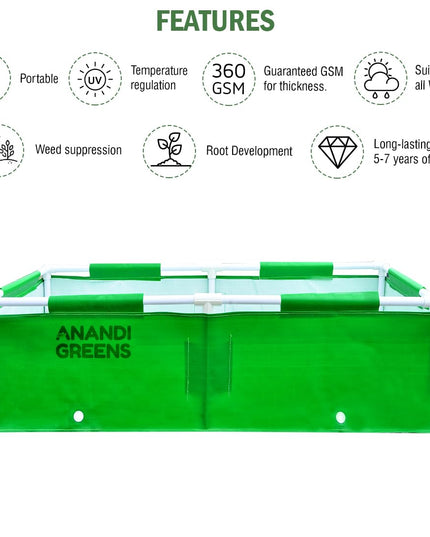 Anandi Green's HDPE UV Protected 360 GSM Green Color Rectangular Plants Grow Bags Suitable for VegetableTerrace Gardening with PVC Pipe Support (8Lx3Wx1H Fit) Pack of 1