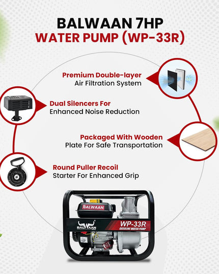 Balwaan Krishi WP-22R Water Pump 2 Inch Outlet | 7 HP Powerful Petrol Engine 4 Stroke | For Irrigation, Water Supply, Sewage Movement and Draining Agriculture Farming | Get 1-litre Engine Oil