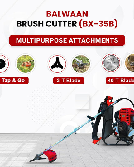 BALWAAN Krishi BX-35B Crop Cutter 35 cc 4 Stroke Backpack Brush Cutter Machine Petrol Operated with Heavy Duty 40 Teeth, 3T and Tap & go Blades and 500ml Engine Oil for Agriculture & Gardening