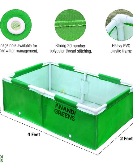 Anandi Green's HDPE UV Protected 360 GSM Green Color Rectangular Plants Grow Bags Suitable for VegetableTerrace Gardening with PVC Pipe Support (8Lx3Wx1H Fit) Pack of 1