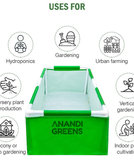 Anandi Green's HDPE UV Protected 360 GSM Green Color Rectangular Plants Grow Bags Suitable for VegetableTerrace Gardening with PVC Pipe Support (8Lx3Wx1H Fit) Pack of 1