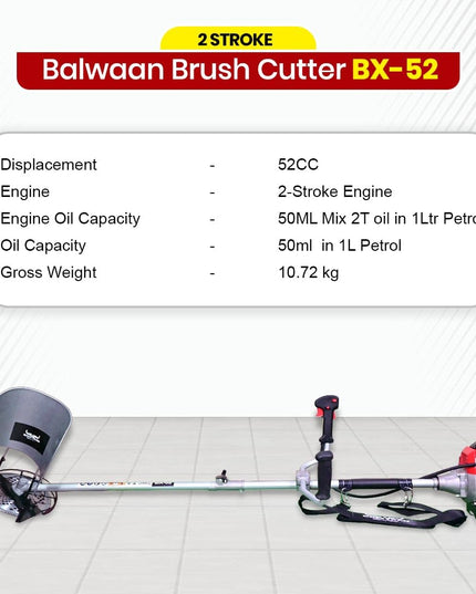 Balwaan Krishi BX-52 Brush Cutter 2 Stroke Side Pack Machine 52cc Extra Power Torque Engine|80T, 3T Blade, Tap n Go for Agriculture, Gardening, Lawn Grass Trimming Eco Series Free 500ml Engine Oil