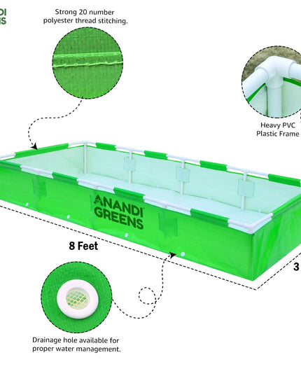 Anandi Green's HDPE UV Protected 360 GSM Green Color Rectangular Plants Grow Bags Suitable for VegetableTerrace Gardening with PVC Pipe Support (8Lx3Wx1H Fit) Pack of 1