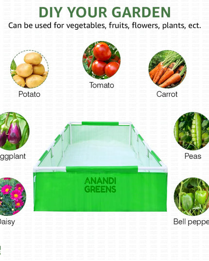 Anandi Green's HDPE UV Protected 360 GSM Green Color Rectangular Plants Grow Bags Suitable for VegetableTerrace Gardening with PVC Pipe Support (8Lx3Wx1H Fit) Pack of 1