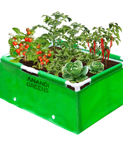 Anandi Green's HDPE UV Protected 360 GSM Green Color Rectangular Plants Grow Bags Suitable for VegetableTerrace Gardening with PVC Pipe Support (8Lx3Wx1H Fit) Pack of 1