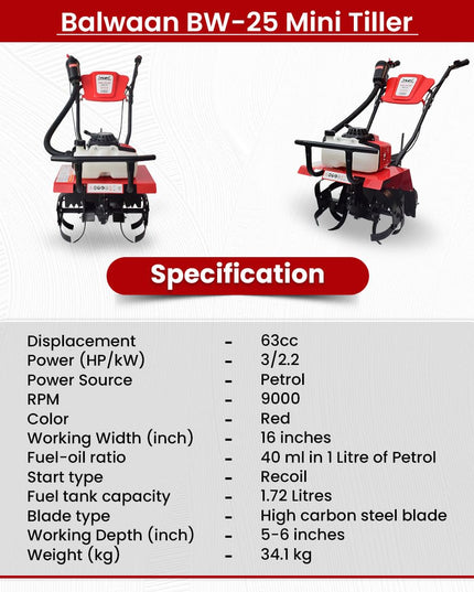 BALWAAN Krishi BW-25 Mini Tiller 63 cc 2 Stroke Petrol Engine Blades are Made of high Carbon Steel for Cultivating & Mixing and Helping to Prepare Soil for Planting & Weeding Free 500ml Engine Oil