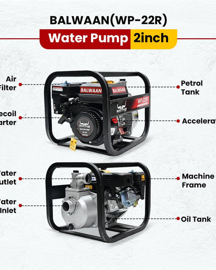 Balwaan Krishi WP-22R Water Pump 2 Inch Outlet | 7 HP Powerful Petrol Engine 4 Stroke | For Irrigation, Water Supply, Sewage Movement and Draining Agriculture Farming | Get 1-litre Engine Oil