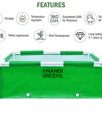 Anandi Green's HDPE UV Protected 360 GSM Green Color Rectangular Plants Grow Bags Suitable for VegetableTerrace Gardening with PVC Pipe Support (8Lx3Wx1H Fit) Pack of 1