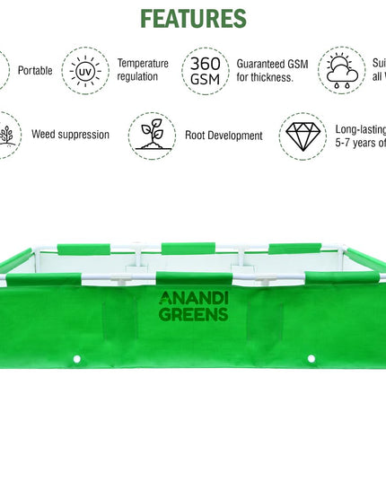 Anandi Green's HDPE UV Protected 360 GSM Green Color Rectangular Plants Grow Bags Suitable for VegetableTerrace Gardening with PVC Pipe Support (8Lx3Wx1H Fit) Pack of 1