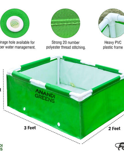 Anandi Green's HDPE UV Protected 360 GSM Green Color Rectangular Plants Grow Bags Suitable for VegetableTerrace Gardening with PVC Pipe Support (8Lx3Wx1H Fit) Pack of 1