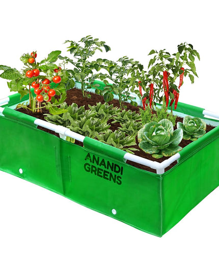 Anandi Green's HDPE UV Protected 360 GSM Green Color Rectangular Plants Grow Bags Suitable for VegetableTerrace Gardening with PVC Pipe Support (8Lx3Wx1H Fit) Pack of 1
