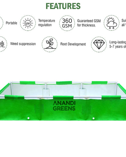 Anandi Green's HDPE UV Protected 360 GSM Green Color Rectangular Plants Grow Bags Suitable for VegetableTerrace Gardening with PVC Pipe Support (8Lx3Wx1H Fit) Pack of 1