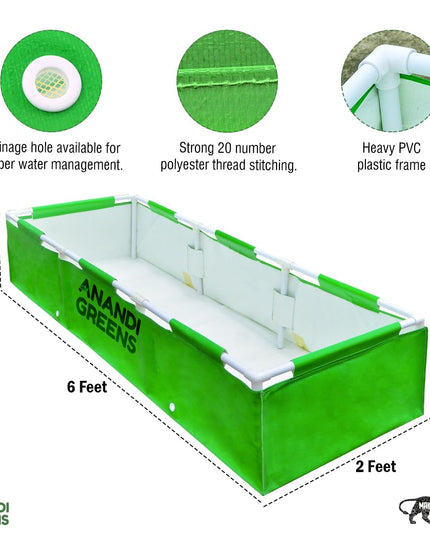 Anandi Green's HDPE UV Protected 360 GSM Green Color Rectangular Plants Grow Bags Suitable for VegetableTerrace Gardening with PVC Pipe Support (8Lx3Wx1H Fit) Pack of 1
