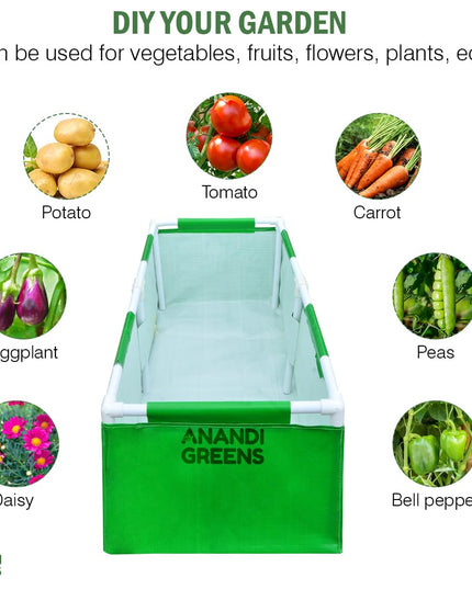 Anandi Green's HDPE UV Protected 360 GSM Green Color Rectangular Plants Grow Bags Suitable for VegetableTerrace Gardening with PVC Pipe Support (8Lx3Wx1H Fit) Pack of 1