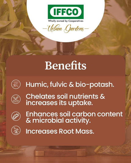 IFFCO Urban Gardens - Humic Secret - 200 ML - Humic Acid + Fulvic Acid + Bio-Potash - Organic Liquid Fertilizer for Plants, Soil Conditioner & Root Growth Promoter - 100% Water Soluble
