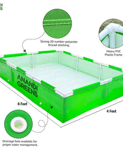 Anandi Green's HDPE UV Protected 360 GSM Green Color Rectangular Plants Grow Bags Suitable for VegetableTerrace Gardening with PVC Pipe Support (8Lx3Wx1H Fit) Pack of 1