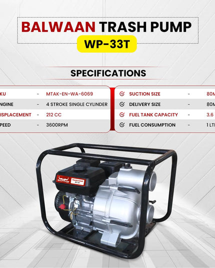 Balwaan Krishi WP-22R Water Pump 2 Inch Outlet | 7 HP Powerful Petrol Engine 4 Stroke | For Irrigation, Water Supply, Sewage Movement and Draining Agriculture Farming | Get 1-litre Engine Oil