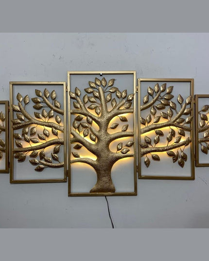 HANSART Designer Panel Tree Metal Wall Art with Led Light, Wall Decor for Living Room, Bedroom, Hall, Entryway