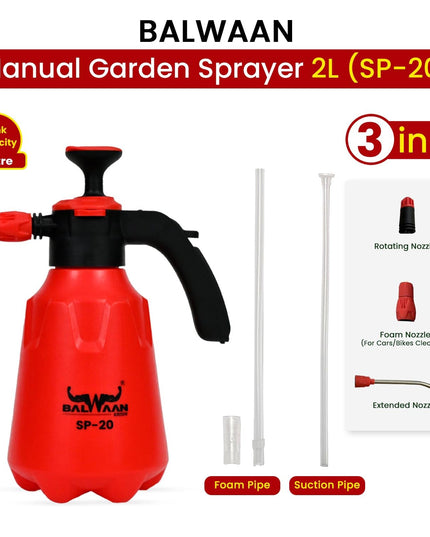 BALWAAN Krishi SP-20 3 in 1 Manual Sprayer with 2 Litre Tank Capacity | Used for Agriculture, Foam Sprayer, Car and bike wash, Pesticides, Gardening, Glass Cleaning & Disinfection | Get 3 Nozzles Free
