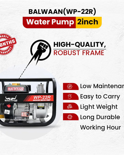 Balwaan Krishi WP-22R Water Pump 2 Inch Outlet | 7 HP Powerful Petrol Engine 4 Stroke | For Irrigation, Water Supply, Sewage Movement and Draining Agriculture Farming | Get 1-litre Engine Oil