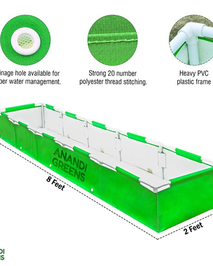 Anandi Green's HDPE UV Protected 360 GSM Green Color Rectangular Plants Grow Bags Suitable for VegetableTerrace Gardening with PVC Pipe Support (8Lx3Wx1H Fit) Pack of 1