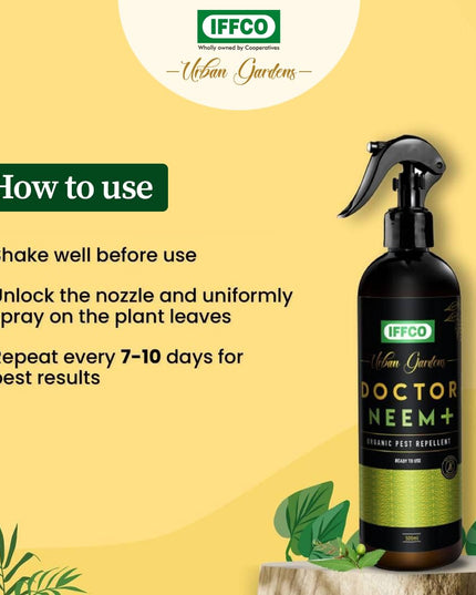 IFFCO Urban Gardens - Doctor Neem+ - 500ml – Mealy Bug & Fungus Repellent Spray - 3in1 Action of Neem, Pongamia, Lemongrass Oil - 100% Organic, Ready to Use for Indoor & Outdoor plants