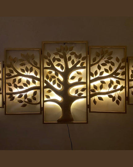 HANSART Designer Panel Tree Metal Wall Art with Led Light, Wall Decor for Living Room, Bedroom, Hall, Entryway