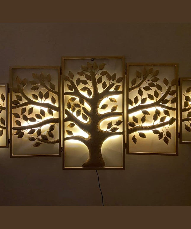 HANSART Designer Panel Tree Metal Wall Art with Led Light, Wall Decor for Living Room, Bedroom, Hall, Entryway