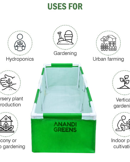 Anandi Green's HDPE UV Protected 360 GSM Green Color Rectangular Plants Grow Bags Suitable for VegetableTerrace Gardening with PVC Pipe Support (8Lx3Wx1H Fit) Pack of 1