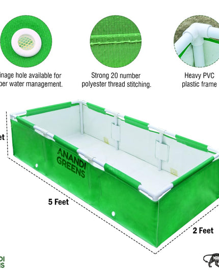 Anandi Green's HDPE UV Protected 360 GSM Green Color Rectangular Plants Grow Bags Suitable for VegetableTerrace Gardening with PVC Pipe Support (8Lx3Wx1H Fit) Pack of 1