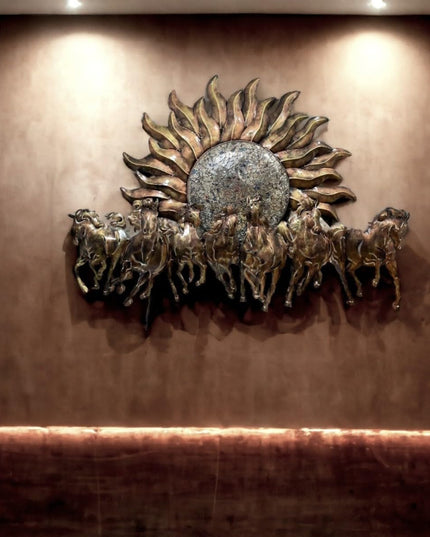 HANSART Special 7 Horses with Sun Metal Wall Art with Led Light, Wall Decor for Living Room, Bedroom, Hall (55 x 33 Inches)