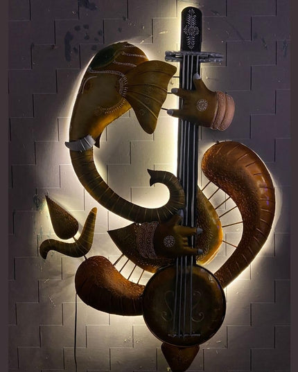 HANSART Ganeshji Playing Sitar Metal Wall Art with LED for Living Room, Bedroom, Hall (36 x 53 Inches)