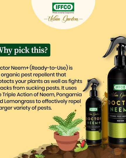 IFFCO Urban Gardens - Doctor Neem+ - 500ml – Mealy Bug & Fungus Repellent Spray - 3in1 Action of Neem, Pongamia, Lemongrass Oil - 100% Organic, Ready to Use for Indoor & Outdoor plants