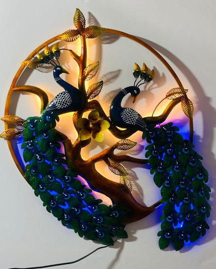 HANSART Double Peacock Nature Metal Wall Art with Led Light, Wall Decor for Living Room, Bedroom, Hall (29 x 38 Inches)