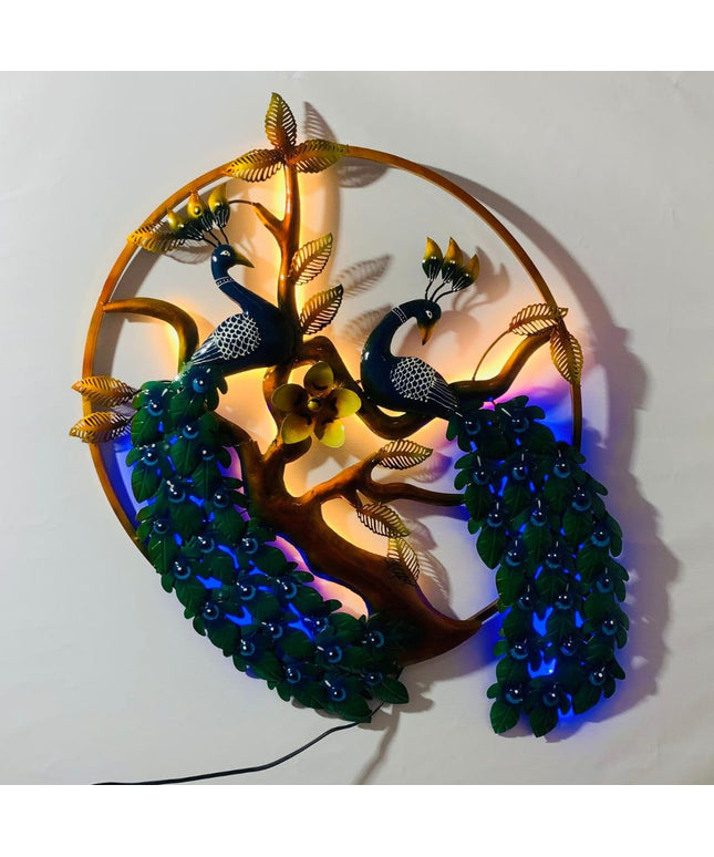 HANSART Double Peacock Nature Metal Wall Art with Led Light, Wall Decor for Living Room, Bedroom, Hall (29 x 38 Inches)