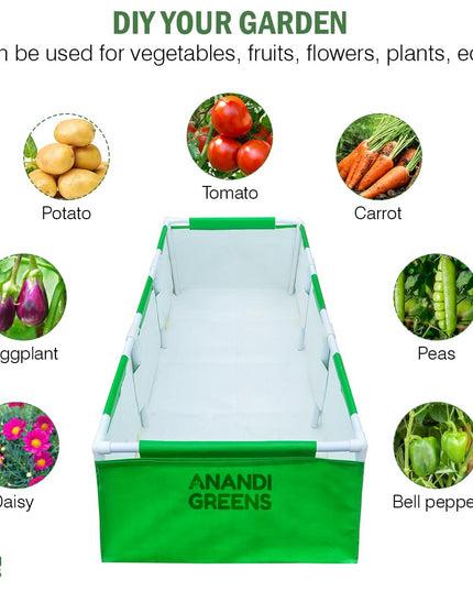 Anandi Green's HDPE UV Protected 360 GSM Green Color Rectangular Plants Grow Bags Suitable for VegetableTerrace Gardening with PVC Pipe Support (8Lx3Wx1H Fit) Pack of 1
