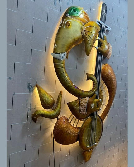 HANSART Ganeshji Playing Sitar Metal Wall Art with LED for Living Room, Bedroom, Hall (36 x 53 Inches)